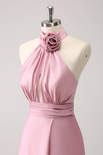 Rosa Schlüsselloch A-Linie Satin Brautjungfernkleid mit Schlitz