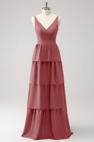 Laden Sie das Bild in den Galerie-Viewer, Grünes A-Linie langes Brautjungfernkleid mit V-Ausschnit