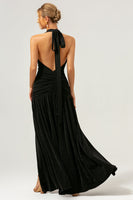 Laden Sie das Bild in den Galerie-Viewer, Schwarzes Meerjungfrau Neckholder Plissee Rückenfreies langes Brautjungfernkleid