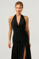 Laden Sie das Bild in den Galerie-Viewer, Schwarzes Meerjungfrau Neckholder Plissee Rückenfreies langes Brautjungfernkleid