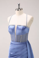 Laden Sie das Bild in den Galerie-Viewer, Glitzerndes blaues Korsett Abendkleid mit Spaghettiträgern und Schnürung