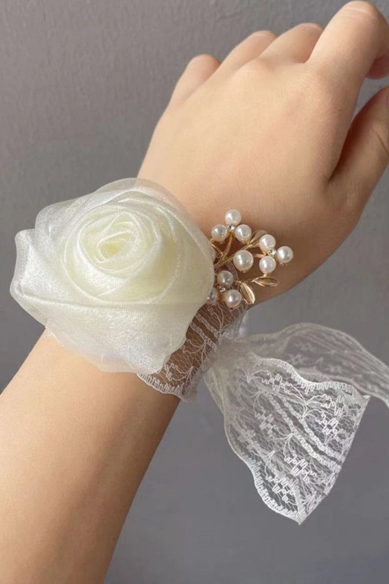 Laden Sie das Bild in den Galerie-Viewer, Champagner Perle Ball-Corsage am Handgelenk mit Spitzenband