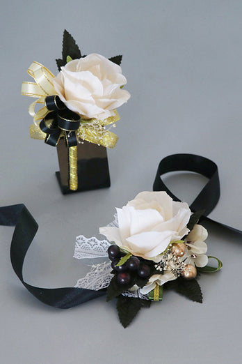 Luxus Schwarz Weiß Corsage am Handgelenk und Herren Boutonniere Set