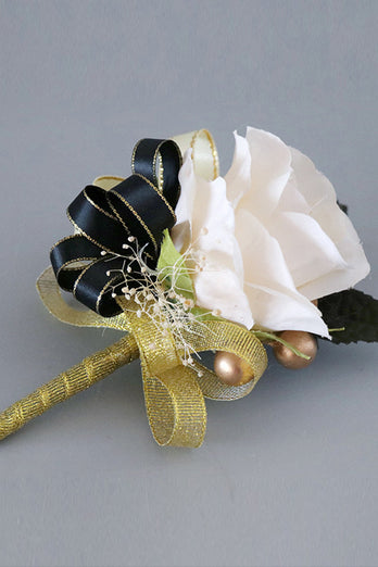 Luxus Schwarz Weiß Corsage am Handgelenk und Herren Boutonniere Set