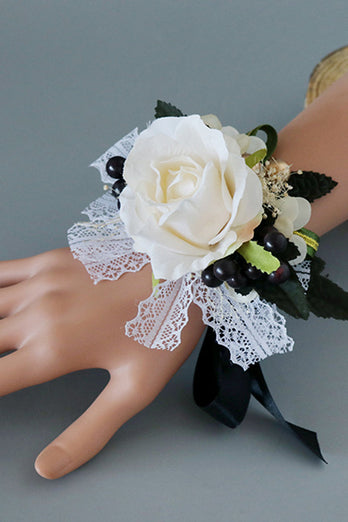 Luxus Schwarz Weiß Corsage am Handgelenk und Herren Boutonniere Set