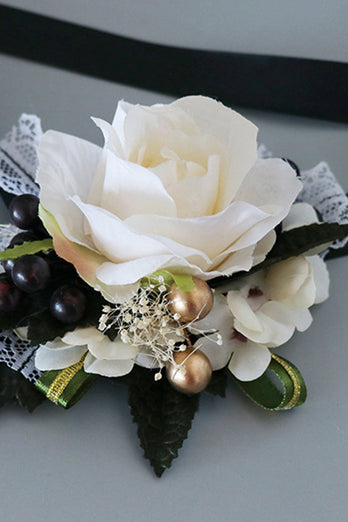 Luxus Schwarz Weiß Corsage am Handgelenk und Herren Boutonniere Set