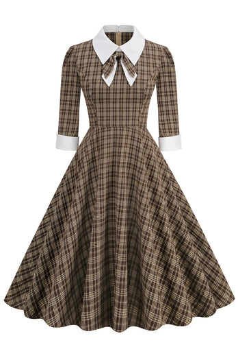 Schwarzes kariertes Vintage Kleid aus den 1950er Jahren mit halben Ärmeln