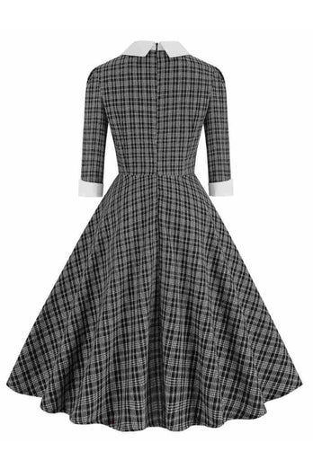 Schwarzes kariertes Vintage Kleid aus den 1950er Jahren mit halben Ärmeln