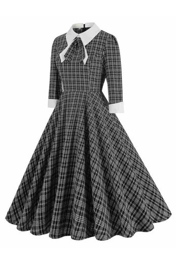 Schwarzes kariertes Vintage Kleid aus den 1950er Jahren mit halben Ärmeln