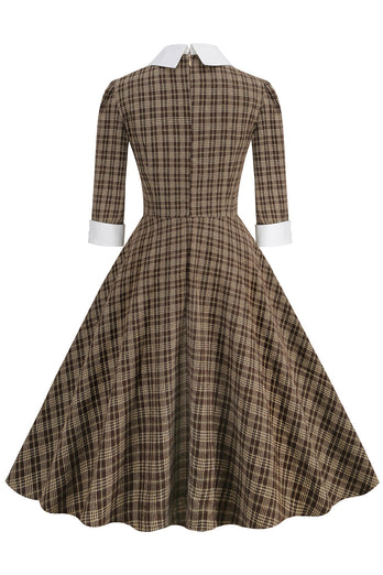 Schwarzes kariertes Vintage Kleid aus den 1950er Jahren mit halben Ärmeln