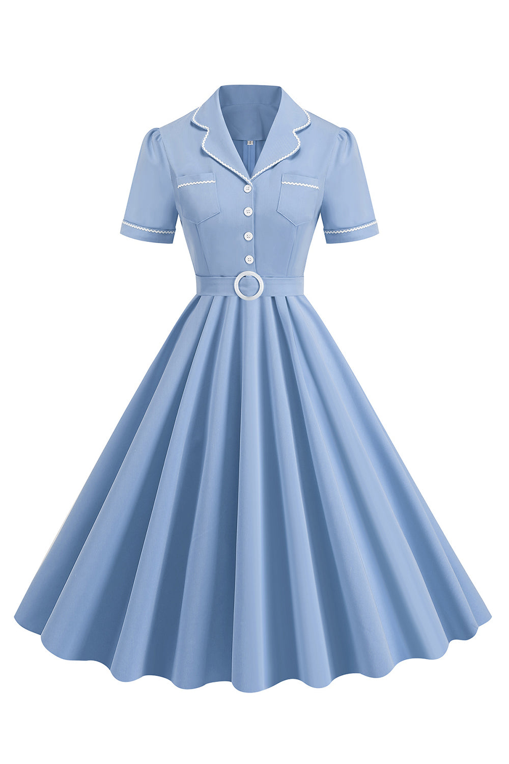 Blaues A-Linie Revers Vintage Kleid aus den 1950er Jahren mit Knöpfen