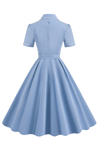 Blaues A-Linie Revers Vintage Kleid aus den 1950er Jahren mit Knöpfen