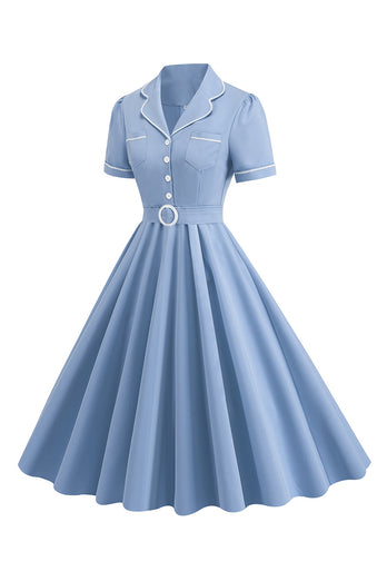 Blaues A-Linie Revers Vintage Kleid aus den 1950er Jahren mit Knöpfen