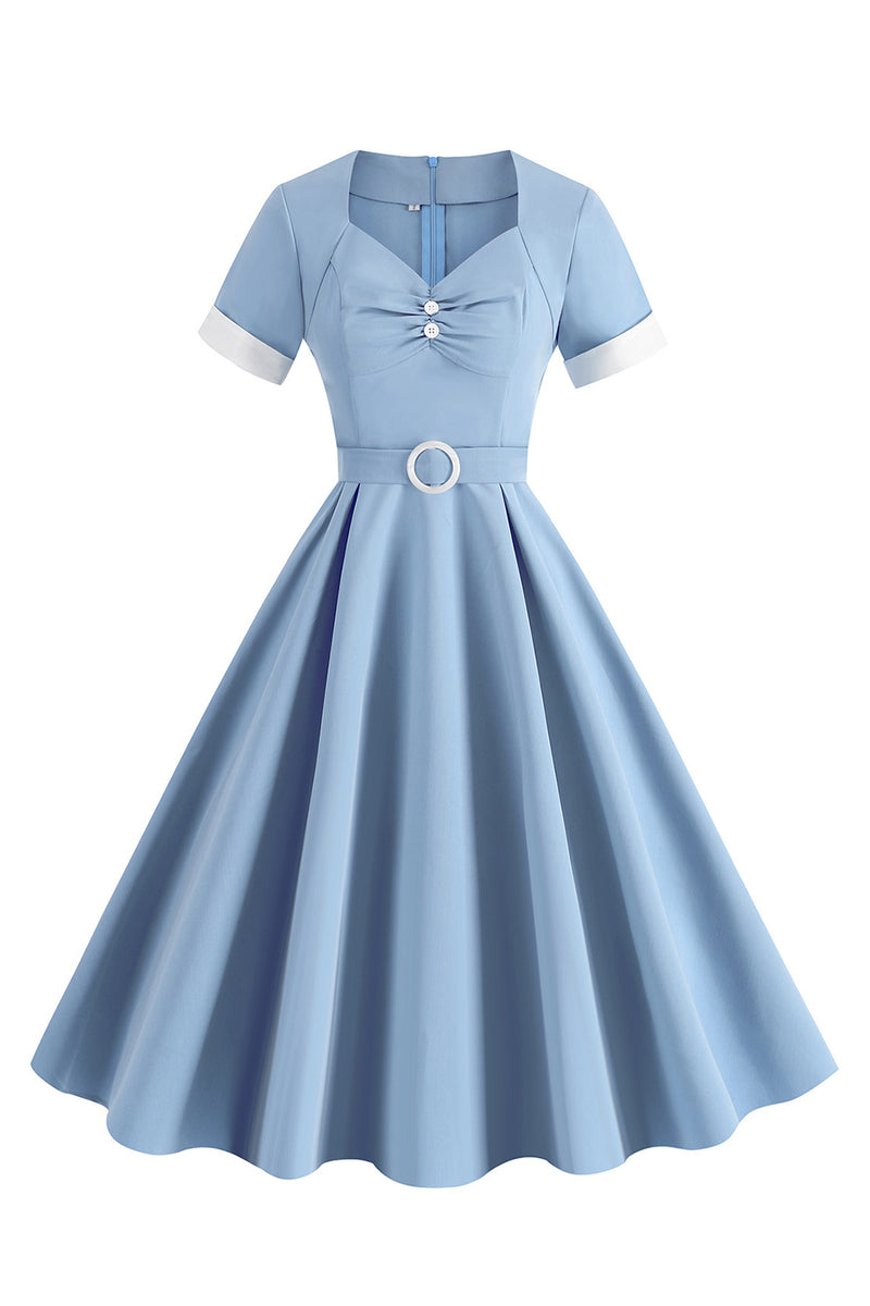 Laden Sie das Bild in den Galerie-Viewer, Blaues A-Linie Vintage Kleid aus den 1950er Jahren mit Gürtel