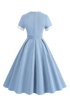 Blaues A-Linie Vintage Kleid aus den 1950er Jahren mit Gürtel