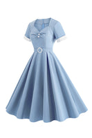 Laden Sie das Bild in den Galerie-Viewer, Blaues A-Linie Vintage Kleid aus den 1950er Jahren mit Gürtel