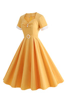 Laden Sie das Bild in den Galerie-Viewer, Blaues A-Linie Vintage Kleid aus den 1950er Jahren mit Gürtel