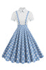 Laden Sie das Bild in den Galerie-Viewer, Blaues Peter-Pan-Kragen Polka Dots Träger Overall Vintage Kleid