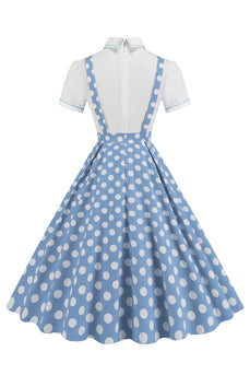 Blaues Peter-Pan-Kragen Polka Dots Träger Overall Vintage Kleid