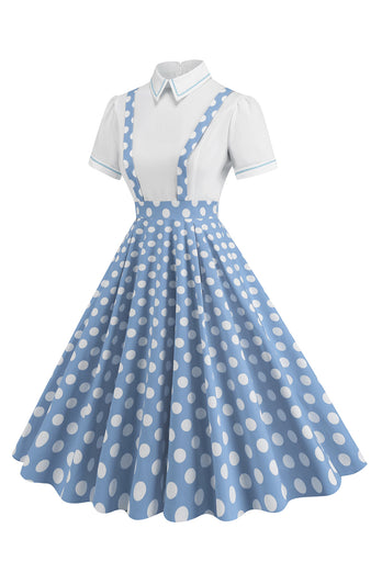 Blaues Peter-Pan-Kragen Polka Dots Träger Overall Vintage Kleid