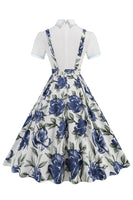 Laden Sie das Bild in den Galerie-Viewer, Blaues Peter-Pan-Kragen Polka Dots Träger Overall Vintage Kleid