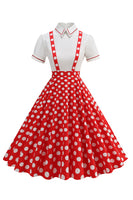 Laden Sie das Bild in den Galerie-Viewer, Blaues Peter-Pan-Kragen Polka Dots Träger Overall Vintage Kleid