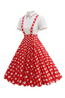 Laden Sie das Bild in den Galerie-Viewer, Blaues Peter-Pan-Kragen Polka Dots Träger Overall Vintage Kleid