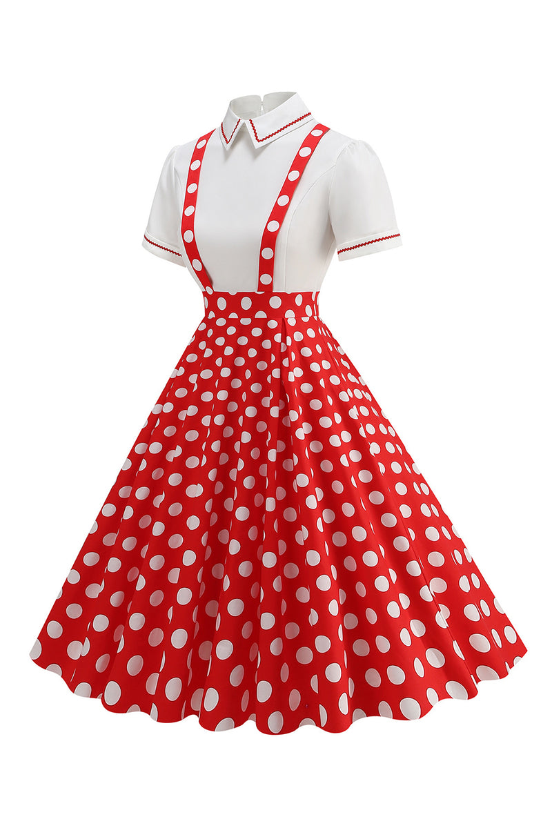 Laden Sie das Bild in den Galerie-Viewer, Blaues Peter-Pan-Kragen Polka Dots Träger Overall Vintage Kleid