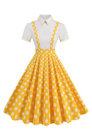 Laden Sie das Bild in den Galerie-Viewer, Blaues Peter-Pan-Kragen Polka Dots Träger Overall Vintage Kleid