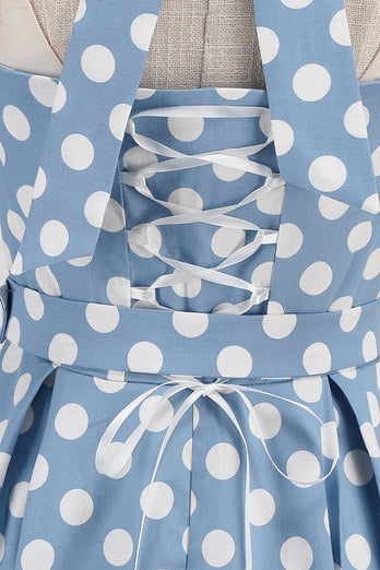 A Linie Blaues Polka Dots Vintage Kleid aus den 1950er Jahren mit Gürtel