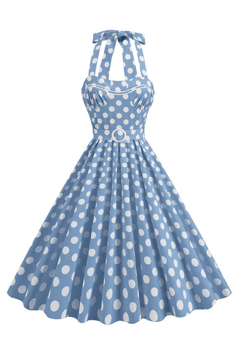 A Linie Blaues Polka Dots Vintage Kleid aus den 1950er Jahren mit Gürtel