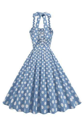 A Linie Blaues Polka Dots Vintage Kleid aus den 1950er Jahren mit Gürtel