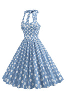Laden Sie das Bild in den Galerie-Viewer, A Linie Blaues Polka Dots Vintage Kleid aus den 1950er Jahren mit Gürtel