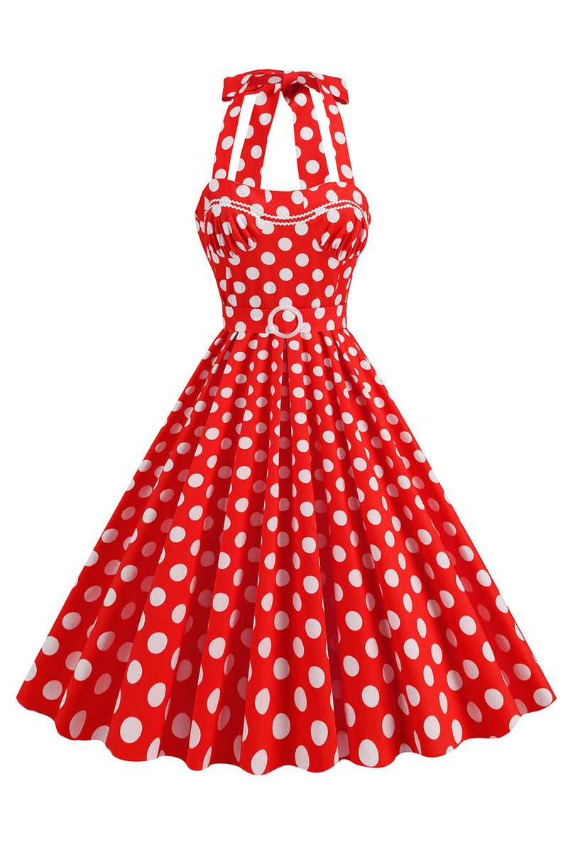 Laden Sie das Bild in den Galerie-Viewer, A Linie Blaues Polka Dots Vintage Kleid aus den 1950er Jahren mit Gürtel