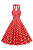 Laden Sie das Bild in den Galerie-Viewer, A Linie Blaues Polka Dots Vintage Kleid aus den 1950er Jahren mit Gürtel