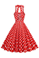 Laden Sie das Bild in den Galerie-Viewer, A Linie Blaues Polka Dots Vintage Kleid aus den 1950er Jahren mit Gürtel