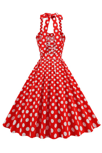 A Linie Blaues Polka Dots Vintage Kleid aus den 1950er Jahren mit Gürtel