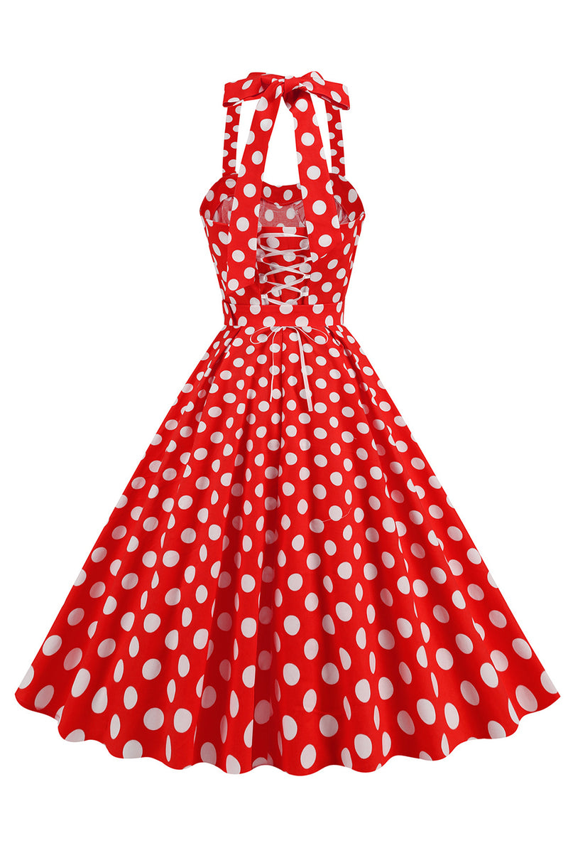 Laden Sie das Bild in den Galerie-Viewer, A Linie Blaues Polka Dots Vintage Kleid aus den 1950er Jahren mit Gürtel