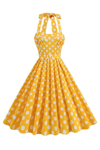 A Linie Blaues Polka Dots Vintage Kleid aus den 1950er Jahren mit Gürtel