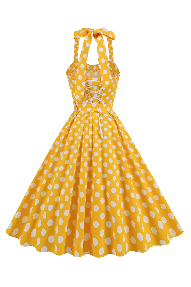 Laden Sie das Bild in den Galerie-Viewer, A Linie Blaues Polka Dots Vintage Kleid aus den 1950er Jahren mit Gürtel