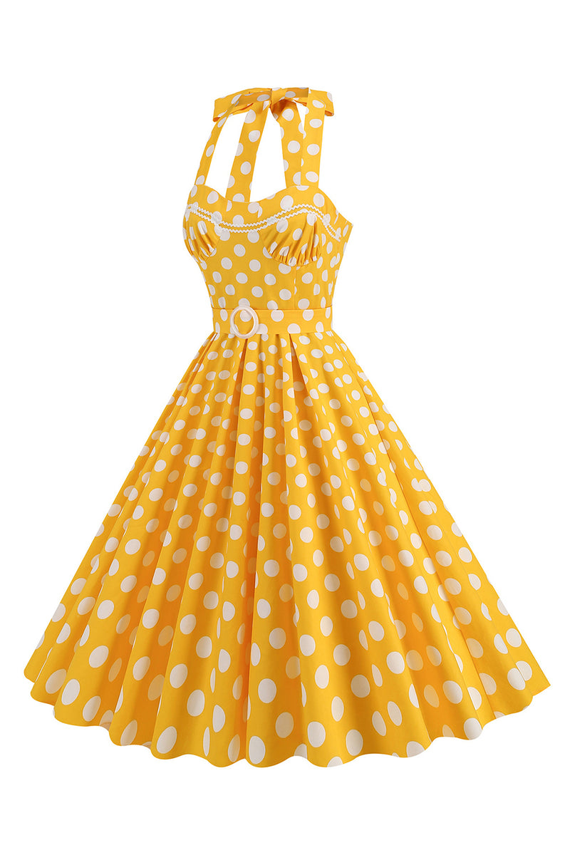 Laden Sie das Bild in den Galerie-Viewer, A Linie Blaues Polka Dots Vintage Kleid aus den 1950er Jahren mit Gürtel