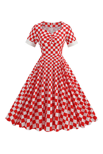 A Linie Rot kariertes Vintage Kleid aus den 1950er Jahren mit kurzen Ärmeln