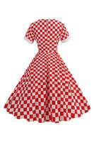Laden Sie das Bild in den Galerie-Viewer, A Linie Rot kariertes Vintage Kleid aus den 1950er Jahren mit kurzen Ärmeln