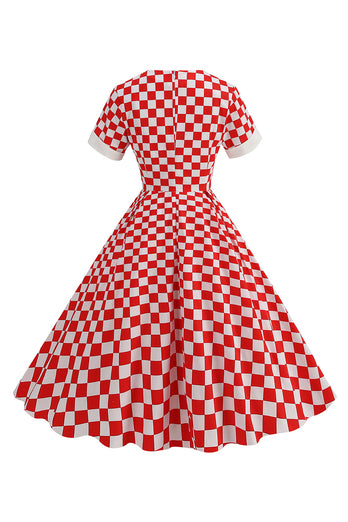 A Linie Rot kariertes Vintage Kleid aus den 1950er Jahren mit kurzen Ärmeln