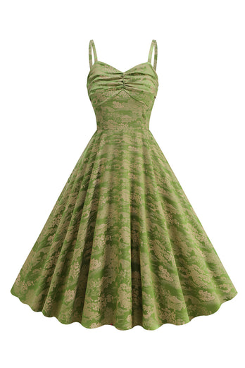 A Linie Armeegrünes Spaghettiträger bedrucktes Vintage Kleid aus den 1950er Jahren