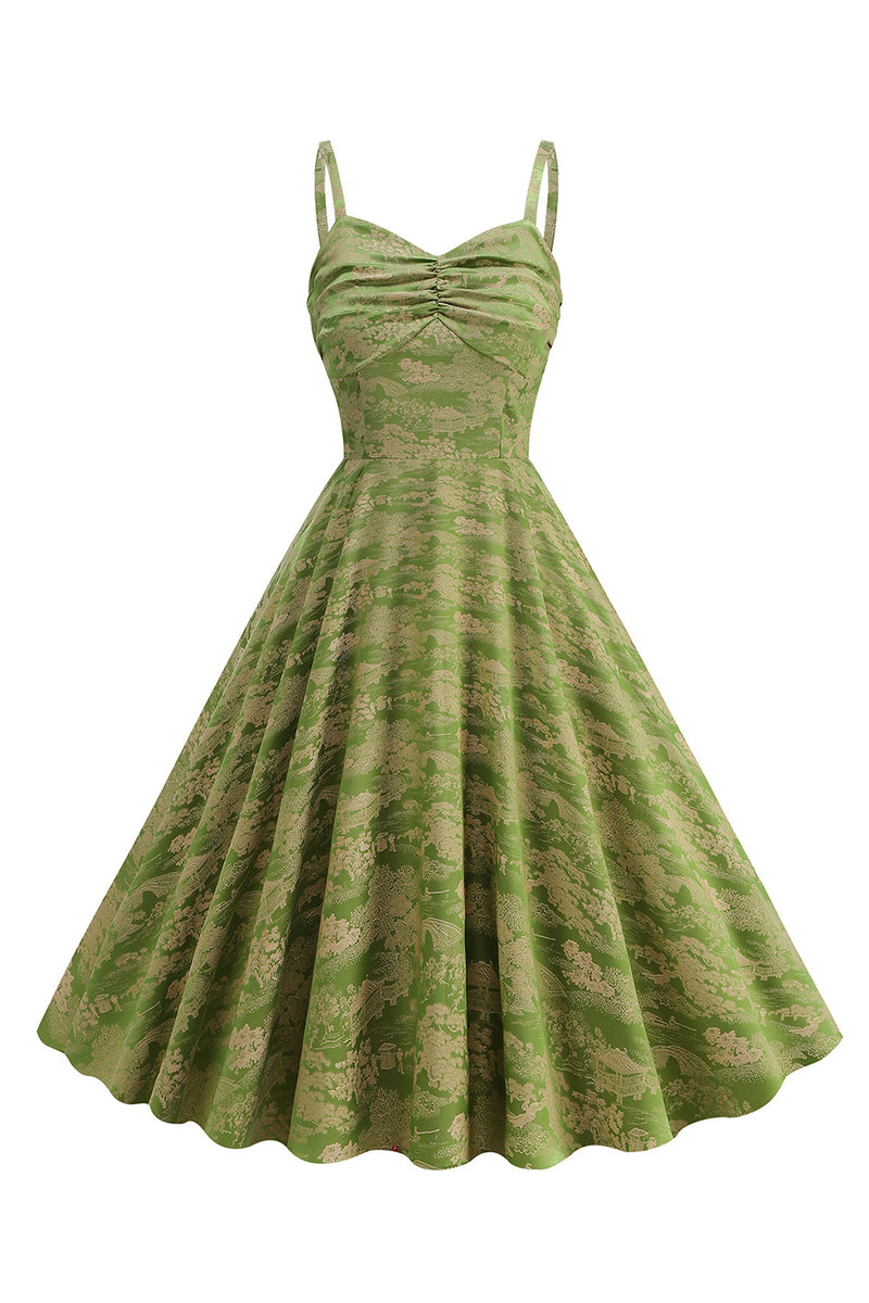 Laden Sie das Bild in den Galerie-Viewer, A Linie Armeegrünes Spaghettiträger bedrucktes Vintage Kleid aus den 1950er Jahren