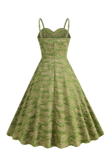 A Linie Armeegrünes Spaghettiträger bedrucktes Vintage Kleid aus den 1950er Jahren