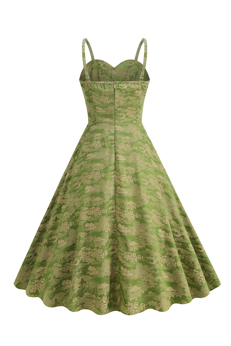 Laden Sie das Bild in den Galerie-Viewer, A Linie Armeegrünes Spaghettiträger bedrucktes Vintage Kleid aus den 1950er Jahren