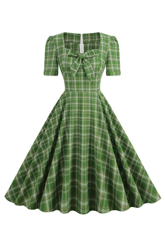 Grünes Bowknot Kurzarm Kariertes Vintage Kleid aus den 1950er Jahren