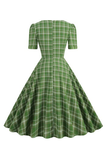 Grünes Bowknot Kurzarm Kariertes Vintage Kleid aus den 1950er Jahren